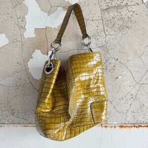 Vtg Faux Croc Hobo Bag Patent Yellow Shoulder Tote Large Slouchy Y2K‎ Everyday